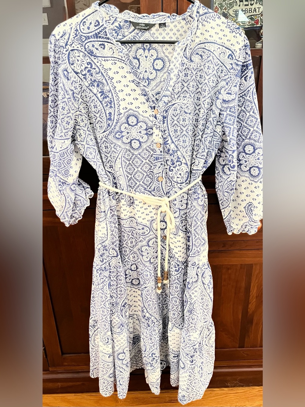 Blue Paisley Button-Front Women's Dress with Tie Waist 100% Cotton